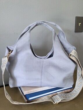 Light Baby Blue Suede Shoulder Bag with Patterned Interchargeable Bag Strap